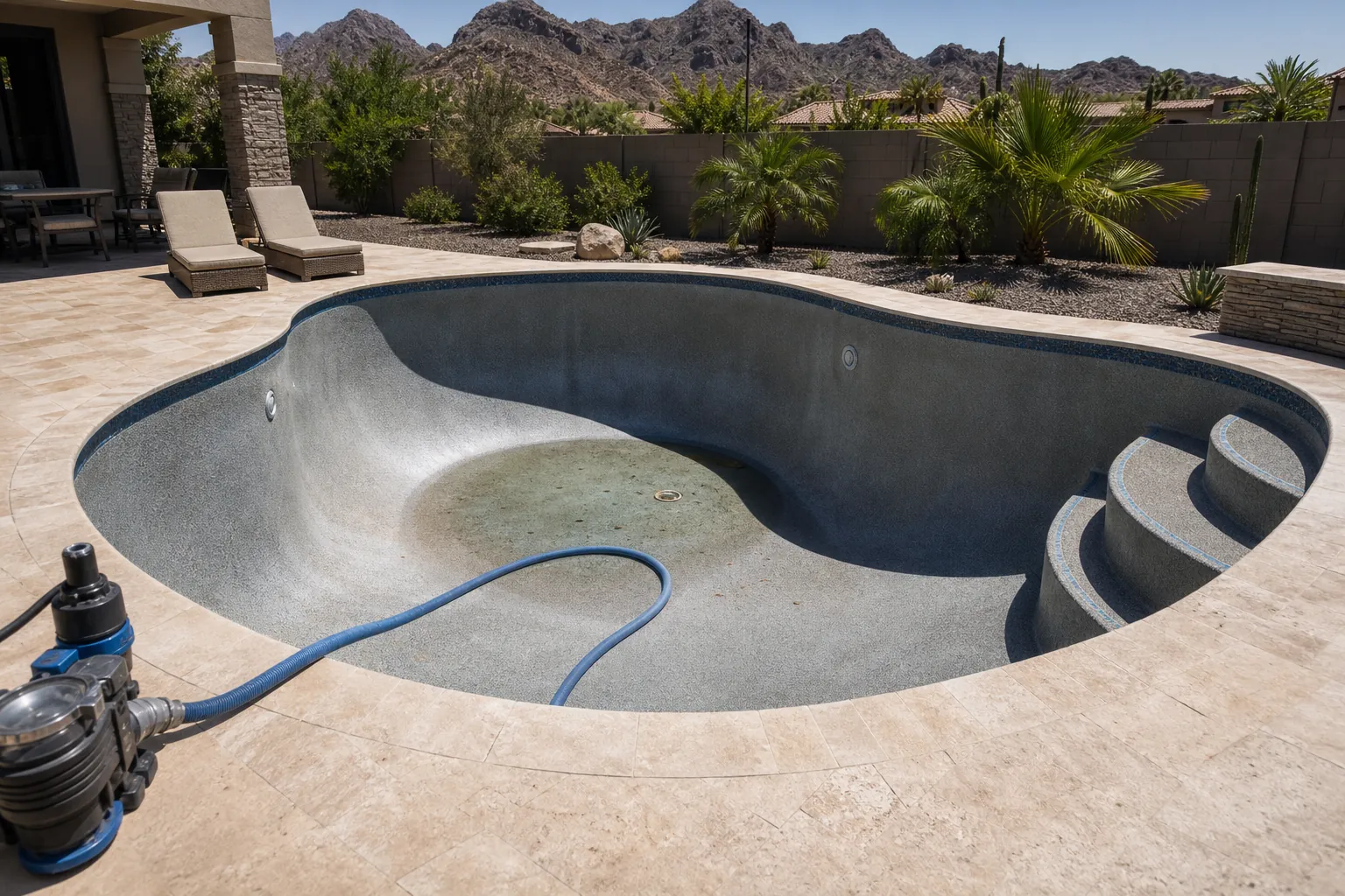 Pool being drained with discharge hose