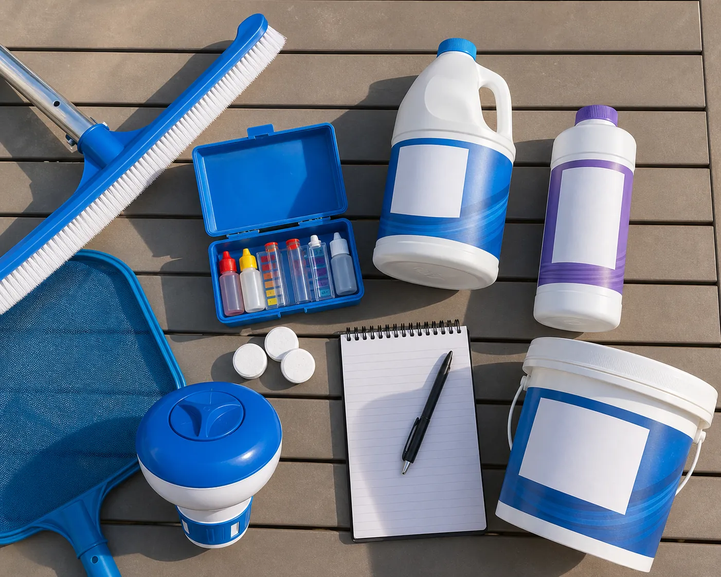 Pool care supplies and calculator on a table