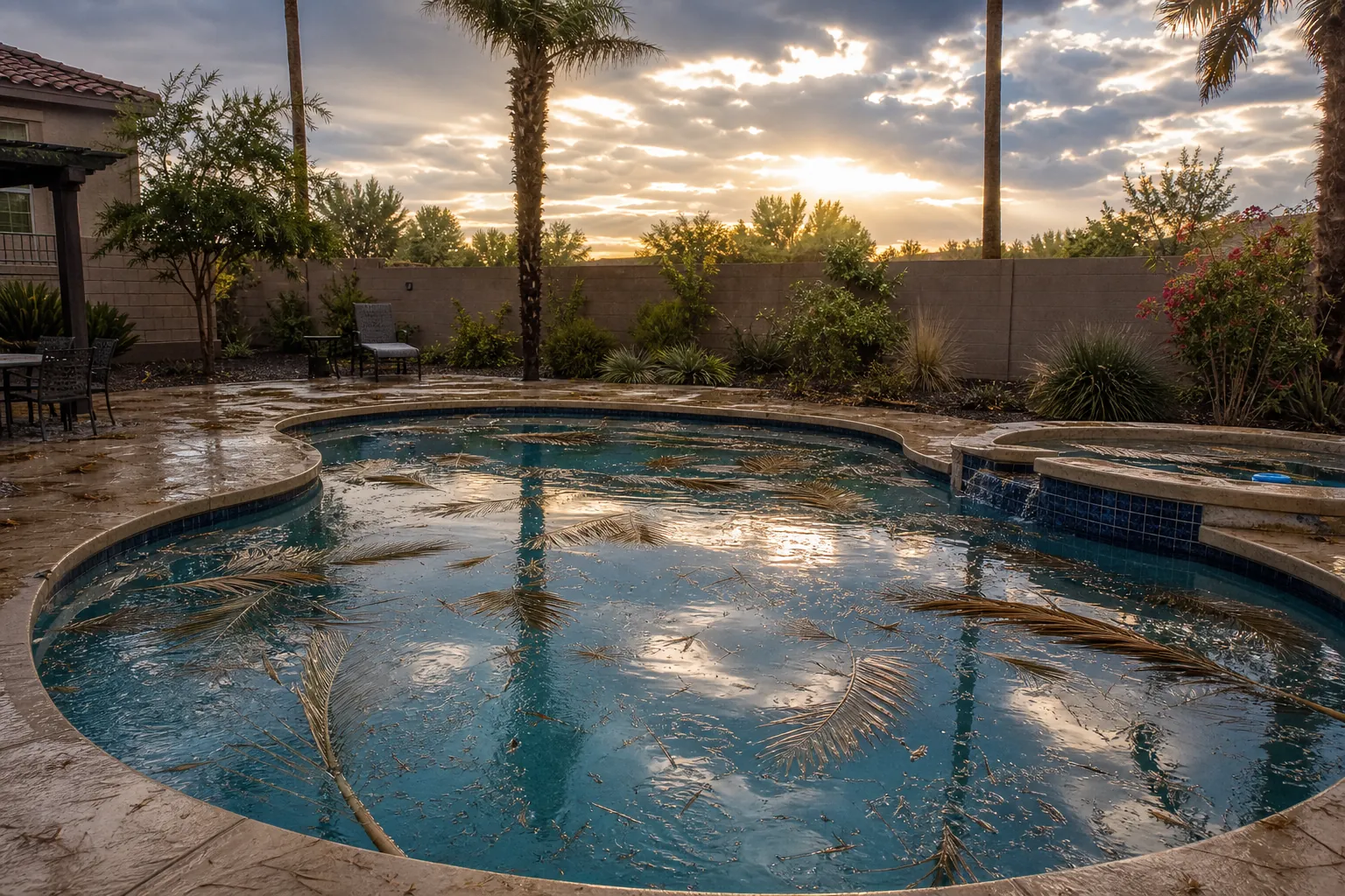 Palm fronds in pool after storm
