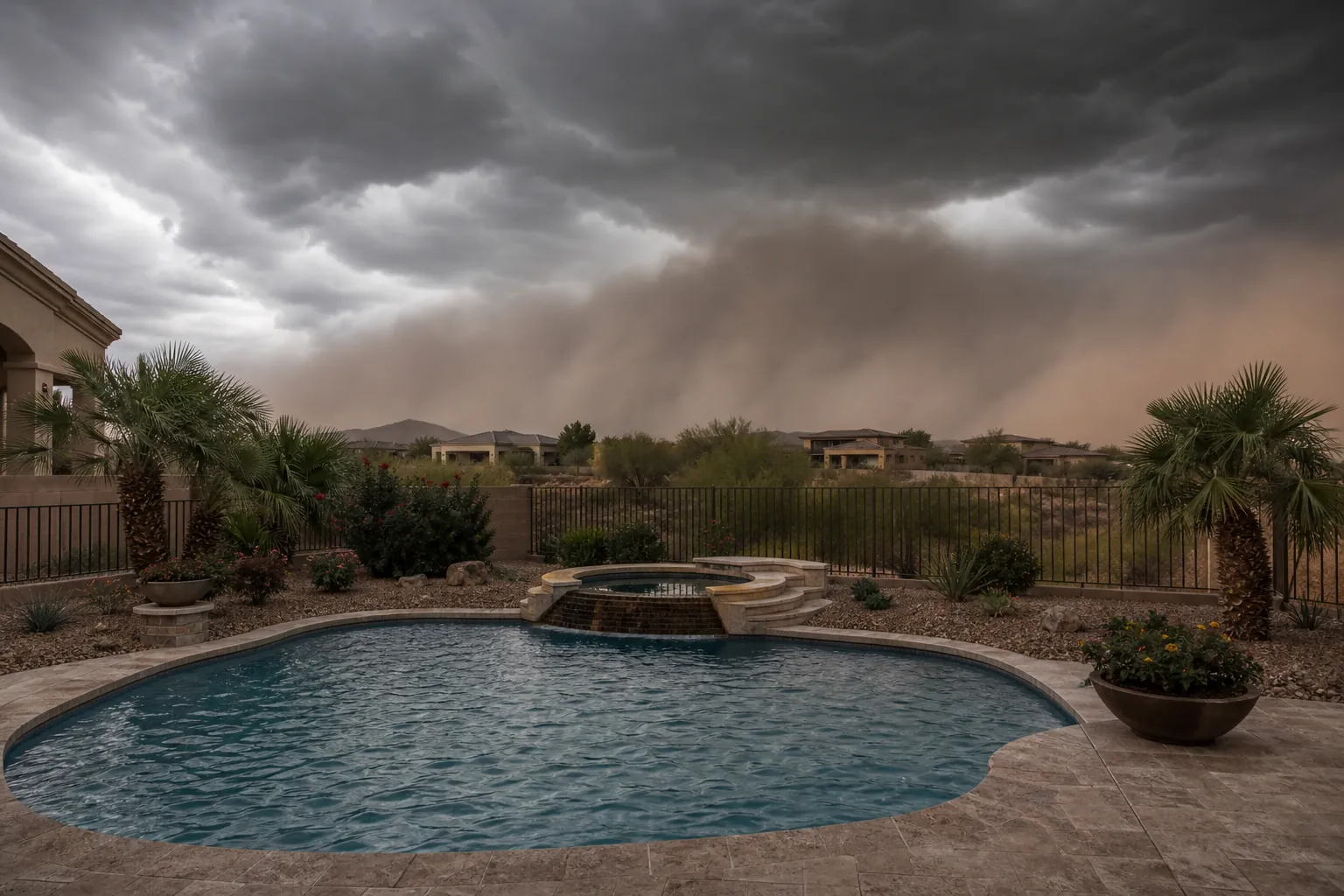 Storm clouds over a backyard pool